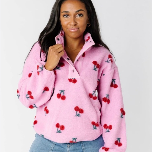 new in Tops - New In Pink Cherry Sherpa Fleece Hoodie Button Up Large